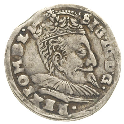 trojak 1596, Wilno, odmiana z herbem Chalecki pomiędzy gałązkami, kryza pod szyją króla prosta, Iger V.96.3.a (R6), Ivanauskas 5SV47-23, T. 18, moneta z 21 aukcji WCN, bardzo rzadki