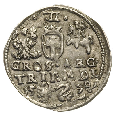 trojak 1598, Wilno, bardzo rzadka odmiana trojaka z herbem Łabędź po prawej stronie głowy wołowej, Iger V.98.4.a (R5), Ivanauskas 5SV63-39, T. 20, bardzo rzadki i ładnie zachowany