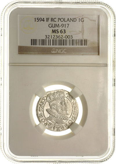 grosz 1594, Olkusz, dzbanuszek i słoneczko pod popiersiem króla, T. 12, moneta w pudełku NGC z certyfikatem MS 63, rzadki i bardzo piękny