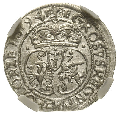 grosz 1594, Olkusz, dzbanuszek i słoneczko pod popiersiem króla, T. 12, moneta w pudełku NGC z certyfikatem MS 63, rzadki i bardzo piękny