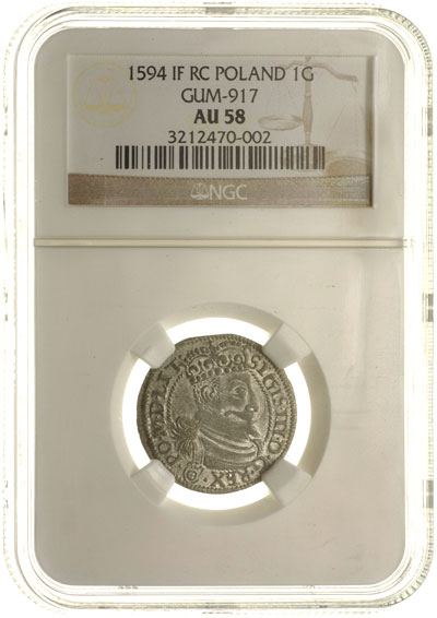 grosz 1594, Olkusz, dzbanuszek pod popiersiem króla, ciekawa odmiana z kokardą na ramieniu króla, T. 12, moneta w pudełku NGC z certyfikatem AU 58, rzadki i ładny, patyna