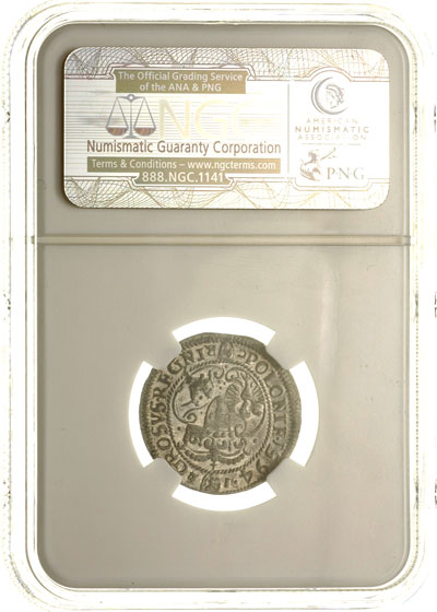grosz 1594, Olkusz, dzbanuszek pod popiersiem króla, ciekawa odmiana z kokardą na ramieniu króla, T. 12, moneta w pudełku NGC z certyfikatem AU 58, rzadki i ładny, patyna
