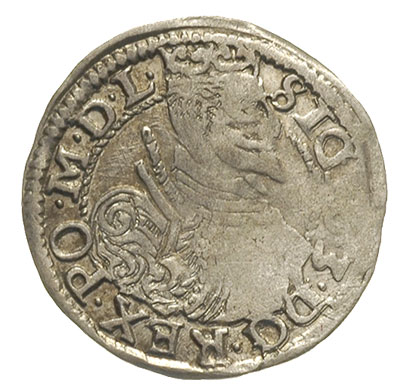 grosz 1597, Poznań, odmiana z literami HR - IF i herbami u dołu monety, T. 30?, nieznacznie gięty ale czytelny niezmiernie rzadki