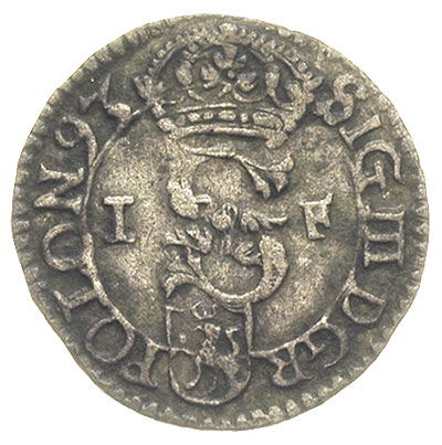 szeląg 1593, Olkusz, herb Lewart pod monogramem króla i literami I - F, T. 1, patyna