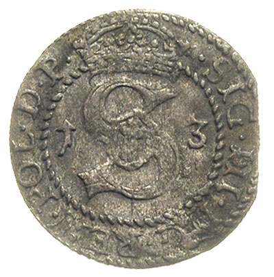 szeląg 1613, Bydgoszcz?, rzadka odmiana z tarczami herbowymi zamiast Orła na rewersie, moneta z końca blachy patyna