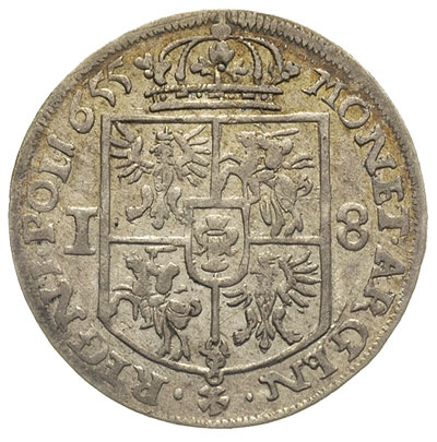 ort 1655, Kraków, kwiatek pod tarczą herbową, moneta wybita w mennicy krakowskiej pod okupacją szwedzką