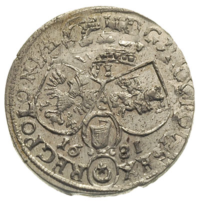 szóstak 1681, Kraków, litera C pomiędzy tarczami herbowymi, dwukrotnie uderzony stemplami, pięknie zachowany