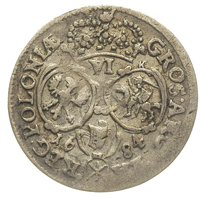 szóstak 1684, Bydgoszcz, litery SVP pod popiersiem króla w zbroi, tarcze herbowe owalne, rzadki