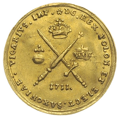 dukat wikariacki 1711, Lipsk?, Aw: Król na koniu, Rw: Skrzyżowane miecz i berło, złoto 3.39 g, Kahnt 293, Fr. 2823, lekko gięty