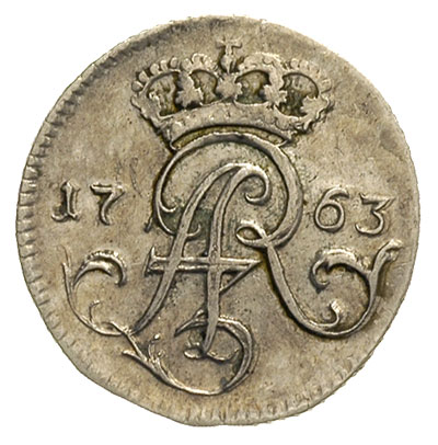 trojak 1763, Elbląg, Iger E.63.2.b (R6), Merseb. 1813, wybity w czystym srebrze 1.99 g, egzemplarz z 20 aukcji WCN, drobna wada blachy, bardzo rzadki