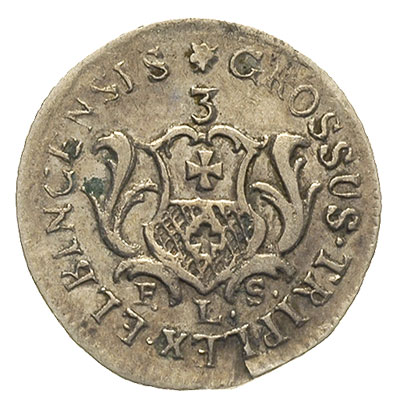 trojak 1763, Elbląg, Iger E.63.2.b (R6), Merseb. 1813, wybity w czystym srebrze 1.99 g, egzemplarz z 20 aukcji WCN, drobna wada blachy, bardzo rzadki