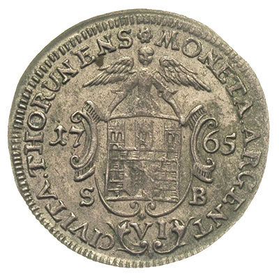 szóstak 1765, Toruń, odmiana napisu STANISL AVGV, Plage 521 (R4), bardzo rzadka moneta (30 złotych w cenniku Berezowskiego), wyśmienity stan zachowania, patyna