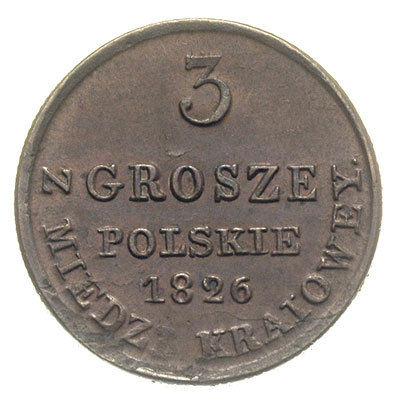 3 grosze z miedzi krajowej 1826, Warszawa, Iger KK.26.1.a, Plage 161, Bitkin 1025, bardzo ładnie zachowane, patyna