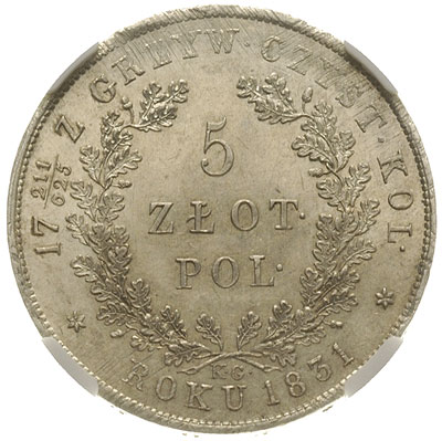 5 złotych 1831, Warszawa, Plage 272, moneta w pudełku NGC z certyfikatem MS 61, piękne