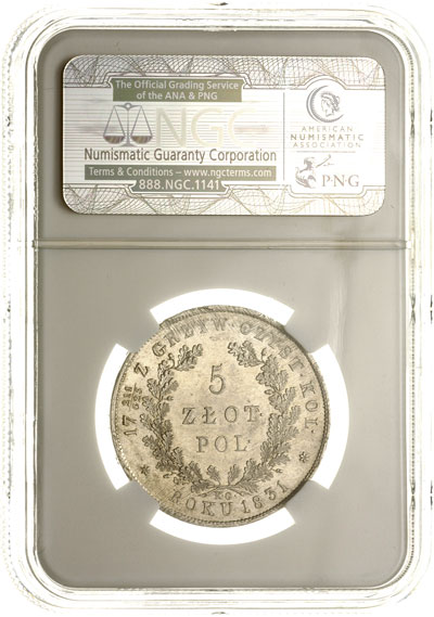 5 złotych 1831, Warszawa, Plage 272, moneta w pudełku NGC z certyfikatem MS 61, piękne