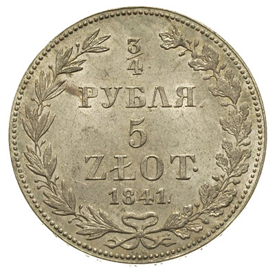 3/4 rubla = 5 złotych 1841, Warszawa, mniejsze cyfry daty i 7 piór w ogonie Orła, Plage 369, Bitkin 1150, bardzo ładne