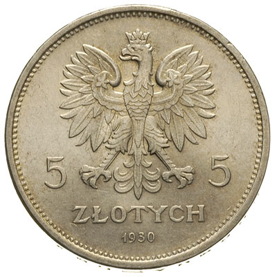 5 złotych 1930, Warszawa, Nike, Parchimowicz 114.c, lekko czyszczony, ale ładny egzemplarz, patyna na rewersie