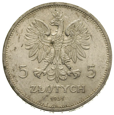 5 złotych 1931, Warszawa, Nike,  Parchimowicz 114.d, rysy w tle, rzadkie, nierówna patyna
