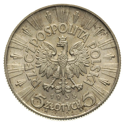 5 złotych 1938, Warszawa, Józef Piłsudski, Parchimowicz 118.d, rzadszy rocznik, piękne, patyna