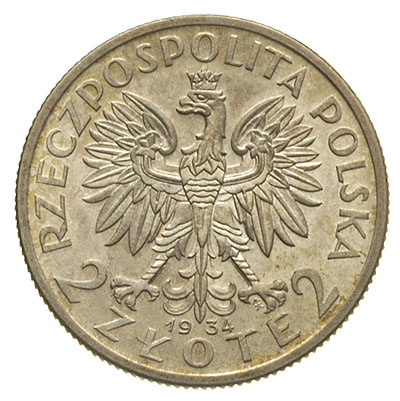 2 złote 1934, Warszawa, Głowa Kobiety, Parchimowicz 110.c, piękne, delikatna patyna