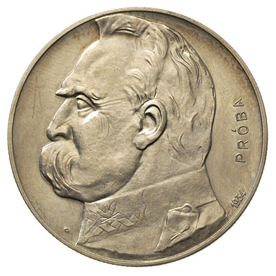 10 złotych 1934, Józef Piłsudski - Orzeł Strzelecki, na rewersie wypukły napis PRÓBA, srebro 22.00 g, Parchimowicz P-158.c, nakład 100 sztuk, moneta wybita stemplem lustrzanym, rzadkie, delikatna patyna