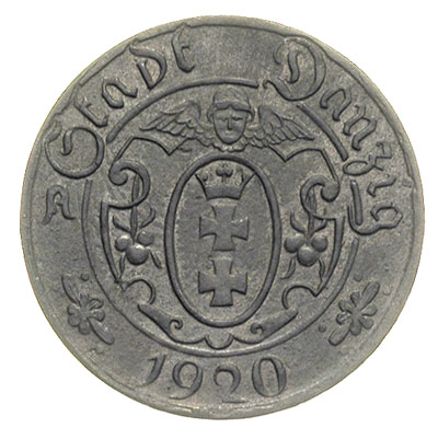 10 fenigów, 1920, Gdańsk, odmiana z małą cyfrą 10, Parchimowicz 51, piękne i rzadkie w tym stanie zachowania