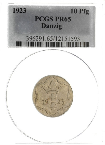 10 fenigów 1923, Berlin, Parchimowicz 57.b, moneta wybita stemplem lustrzanym w pudełku PCGS z certyfikatem PR 65, rzadkie i ładne