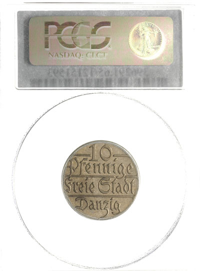 10 fenigów 1923, Berlin, Parchimowicz 57.b, moneta wybita stemplem lustrzanym w pudełku PCGS z certyfikatem PR 65, rzadkie i ładne