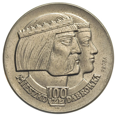 100 złotych 1960, Mieszko i Dąbrówka, Dwie głowy i nominał 100 zł, na awersie duży Orzeł, Parchimowicz P-344.a, nikiel