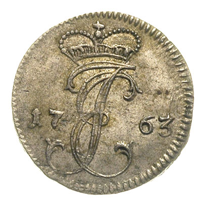 grosz 1763, Mitawa, odmiana z monogramem księcia, Kruggel 6.3.1.2, Neumann 331, połyskowy egzemplarz, bardzo rzadki, patyna