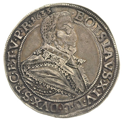 talar 1633, Szczecin, moneta z tytulaturą biskupa kamieńskiego, 28.87 g, na rewersie odmiana napisu BOISLAVS, Hildisch 323, Dav. 7282, ciemna patyna,
