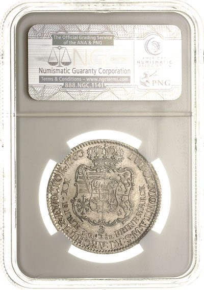 2/3 talara 1763, Drezno, moneta w pudełku NGC z certyfikatem AU 55, bardzo ładnie zachowane