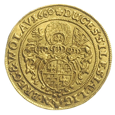 dukat 1660, Brzeg, Aw: Półpostacie trzech braci, Rw: Okrągła tarcza herbowa w kartuszu barokowym, złoto 3.41 g, FuS 1784, Fr. 3200, ładnie zachowany