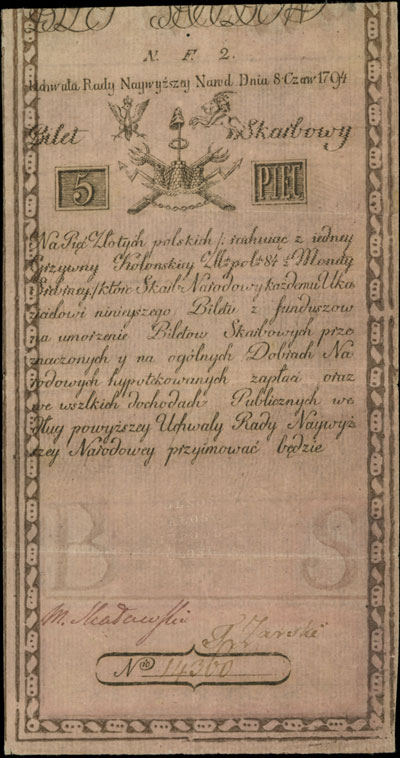 5 złotych 8.06.1794, seria N.F.2, błąd w napisie \wszlkich, Miłczak A1f