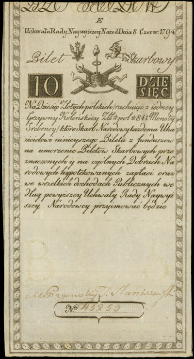 10 złotych 8.06.1794, seria E, widoczny niewielk