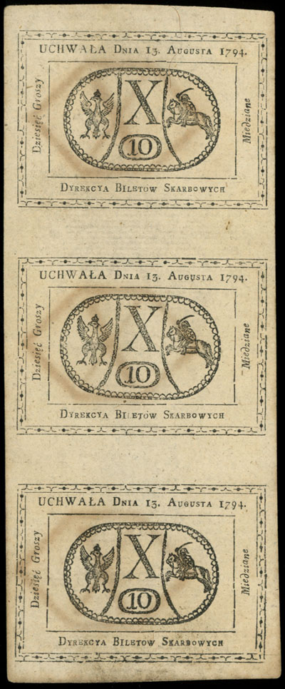3 x 10 groszy miedziane 13.08.1794, Miłczak A9a, Lucow 40b (R6), trzy banknoty nie rozcięte w pionie, duża rzadkość, pięknie zachowane
