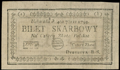 4 złote polskie 4.09.1794, seria 1-Y, z odwróconym faksymilowym podpisem F. Malinowski, Miłczak A11d., Lucow 45 (R5) ale notuje taką odmianę tylko dla serii 2-E, rzadki banknot w pięknym stanie zachowania