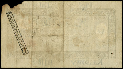 5 talarów 1.12.1810, podpis S. Ossoliński, na stronie odwrotnej stempel Centralnej Komisji Likwidacyjnej, Miłczak A14bf, Lucow 73 (R6), nadpalony prawy górny róg