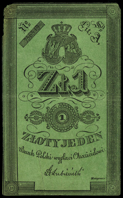 1 złoty 1831, podpis: Łubieński, cienki papier, widoczny znak wodny, Miłczak A22bb, Lucow 135b (R6), mocno zaokrąglone górne rogi, ale rzadkie