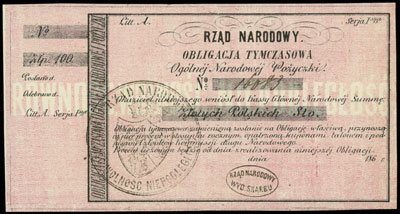 Rząd Narodowy, obligacja tymczasowa ogólnej pożyczki narodowej na 100 złotych 186., Lucow 210 (R2), Moczydł. S4, dwie pieczęcie, gruby papier