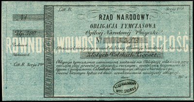 Rząd Narodowy, obligacja tymczasowa ogólnej pożyczki narodowej na 500 złotych 186., Lucow 211 (R3), Moczydł. S5, jedna pieczęć, gruby papier