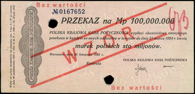 przekaz na 100.000.000 marek polskich 20.11.1923, WZÓR z numeracją bieżącą i dodatkowym numerem 673 napisanym kredką w górnym prawym rogu, Miłczak 41bb, Lucow 468 (R6), dwukrotnie perforowany, po lekkiej konserwacji