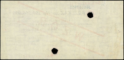 przekaz na 100.000.000 marek polskich 20.11.1923, WZÓR z numeracją bieżącą i dodatkowym numerem 673 napisanym kredką w górnym prawym rogu, Miłczak 41bb, Lucow 468 (R6), dwukrotnie perforowany, po lekkiej konserwacji
