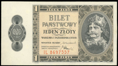 1 złoty 1.10.1938, seria IL, Miłczak 78b, Lucow 719 (R3), niewielki ślad konserwacji na prawym marginesie, ale bardzo ładnie zachowane