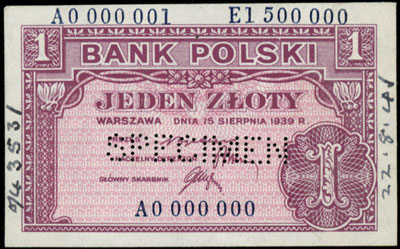 1 złoty 15.08.1939, WZÓR, wielokrotna numeracja: