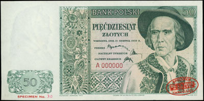 50 złotych 15.08.1939, SPECIMEN, seria A 000000,