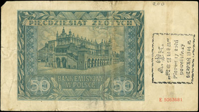 50 złotych 1.08.1941, seria E, z nadrukiem \A-K 