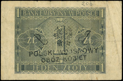 1 złoty 1.08.1941, seria AE, z nadrukiem \POLSKI WOJSKOWY / OBÓZ KOBIET\" na stronie odwrotnej