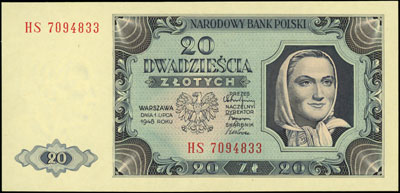 20 złotych 1.07.1948, seria HS i 50 złotych 1.07
