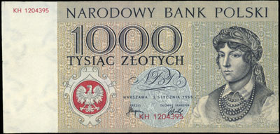 1.000 złotych 2.01.1965, seria KH, nie wprowadzony do obiegu banknot projektu A. Heidricha, 158x75 mm, papier ze znakami wodnymi, ogromna rzadkość, pięknie zachowane